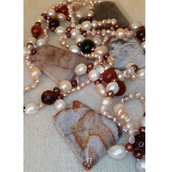 Long Freshwater Pearl Necklace With Chunky Stone/gemstones Beads Unique - Picture 6 of 6